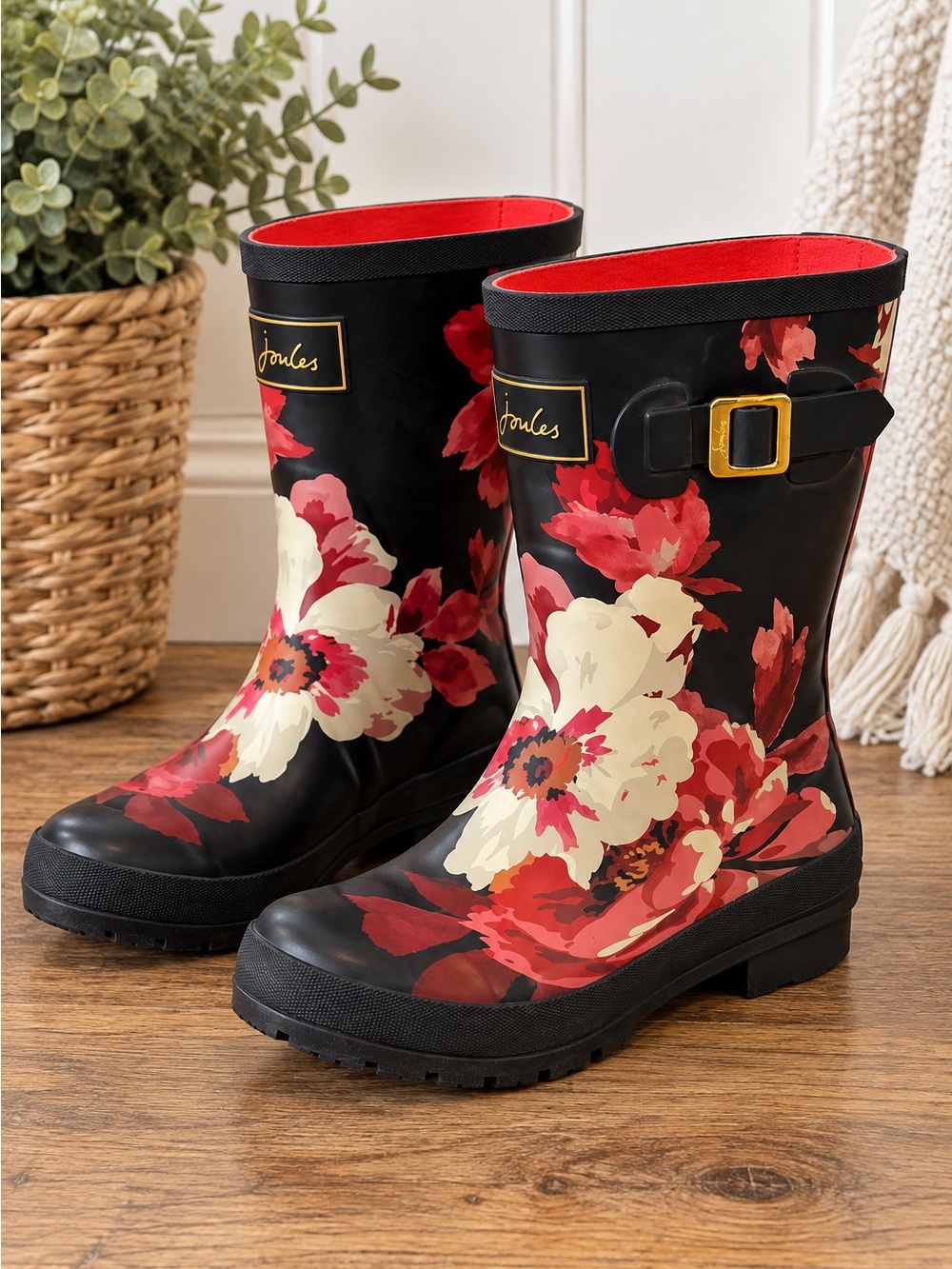Joules Floral Rain Boots Navy Red Cream Flowers Size 6